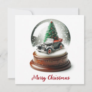 Sneeuw Wereldbol Kerstboom Vintage Car Feestdagenkaart