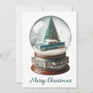 Sneeuw Wereldbol Kerstboom Vintage Car Feestdagenkaart