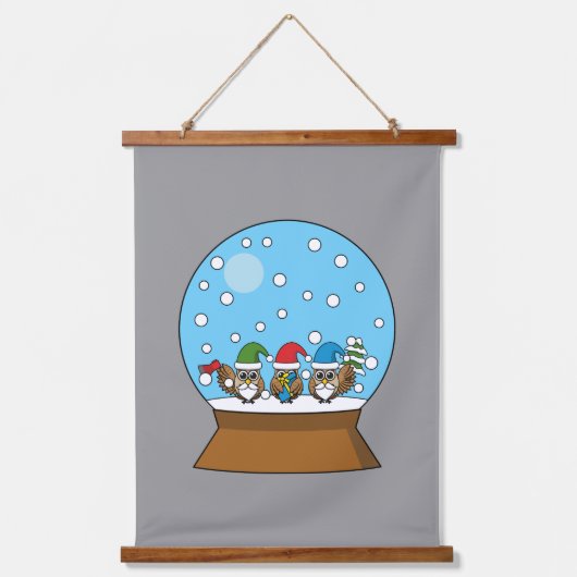 Sneeuw Wereldbol met drie Gnome Uilen Hangend Wandkleed (Voorkant)