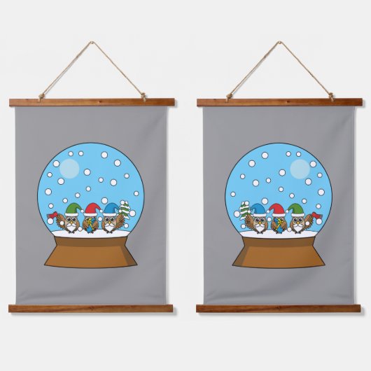 Sneeuw Wereldbol met drie Gnome Uilen Hangend Wandkleed (Dubbel)