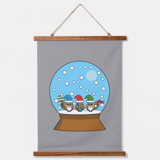 Sneeuw Wereldbol met drie Gnome Uilen Hangend Wandkleed (Voorkant 2)