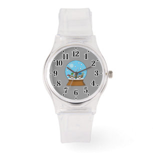 Sneeuw Wereldbol met drie Gnome Uilen Horloge