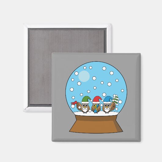 Sneeuw Wereldbol met drie Gnome Uilen Magneet (Voorkant / Achterkant)