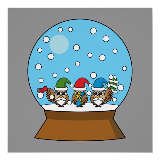 Sneeuw Wereldbol met drie Gnome Uilen Perfect Poster (Voorkant)