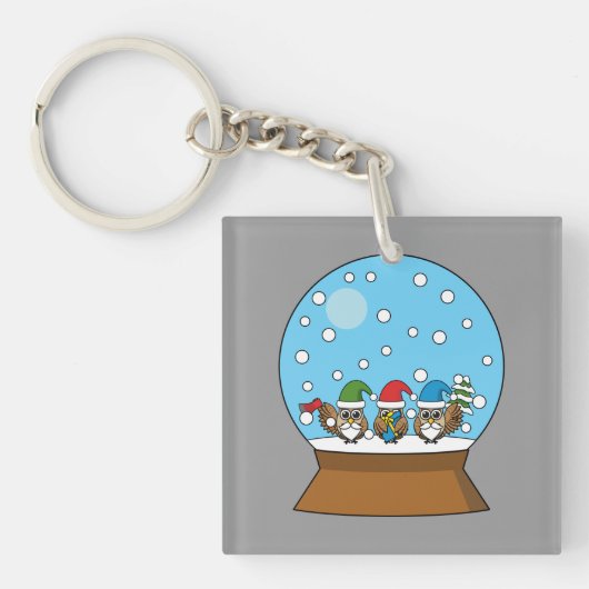 Sneeuw Wereldbol met drie Gnome Uilen Sleutelhanger (Voorkant)