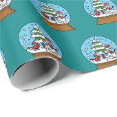 Sneeuw Wereldbol met kardinaal sneeuwman en dennen Cadeaupapier (Rol Hoek)