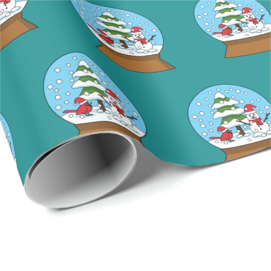 Sneeuw Wereldbol met kardinaal sneeuwman en dennen Cadeaupapier (Rol Hoek)