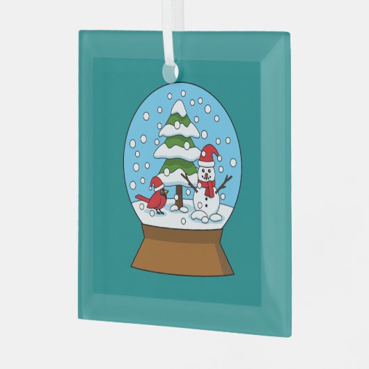 Sneeuw Wereldbol met kardinaal sneeuwman en dennen Glas Ornament (Voorkant links)