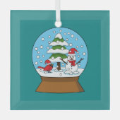 Sneeuw Wereldbol met kardinaal sneeuwman en dennen Glas Ornament (Voorkant)