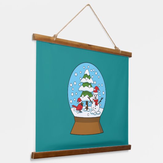 Sneeuw Wereldbol met kardinaal sneeuwman en dennen Hangend Wandkleed (Gebogen)