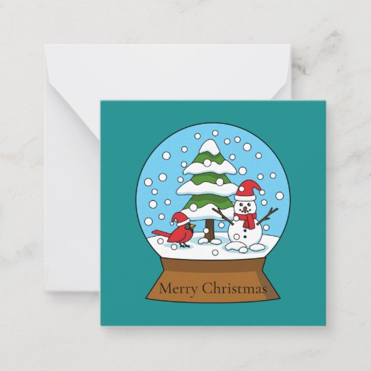 Sneeuw Wereldbol met kardinaal sneeuwman en dennen Notitiekaartje (Voorkant)