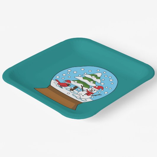 Sneeuw Wereldbol met kardinaal sneeuwman en dennen Papieren Bordje (Gebogen)