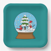 Sneeuw Wereldbol met kardinaal sneeuwman en dennen Papieren Bordje (Voorkant)