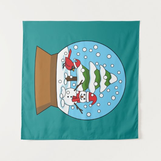 Sneeuw Wereldbol met kardinaal sneeuwman en dennen Wandkleed (Voorkant (horizontaal))