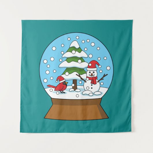 Sneeuw Wereldbol met kardinaal sneeuwman en dennen Wandkleed (Voorkant)