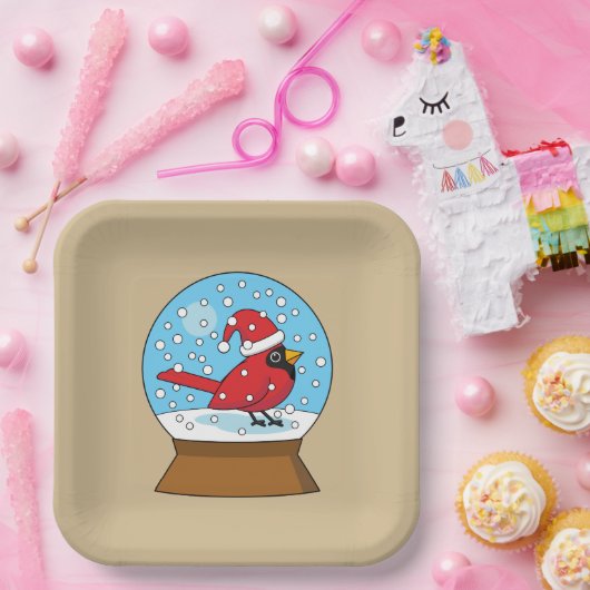 Sneeuw Wereldbol met Schattigee Rode Kardinaal Papieren Bordje (Feest)