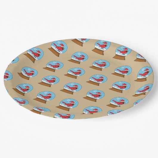 Sneeuw Wereldbol met Schattigee Rode Kardinaal Papieren Bordje (Gekanteld)