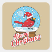 Sneeuw Wereldbol met Schattigee Rode Kardinaal Vierkante Sticker (Voorkant)