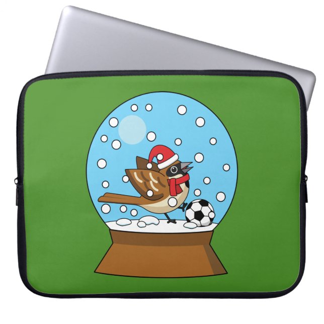 Sneeuw Wereldbol met Schattigee Sparrow Spelen Voe Laptop Sleeve (Voorkant)