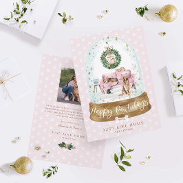 Sneeuw Wereldbol Roze Couche Home Pet Sitting Busi Feestdagenkaart