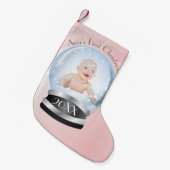 Sneeuw Wereldbol Roze meisje Eerste Kerstfoto Kleine Kerstsok (Voorkant (Hangend))