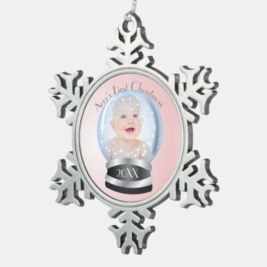 Sneeuw Wereldbol Roze meisje Eerste Kerstfoto Tin Sneeuwvlok Ornament (Rechts)