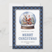 Sneeuw Wereldbol Santa Blue Plaid Vrolijke Kerst K Feestdagenkaart (Voorkant)