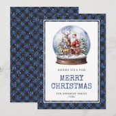 Sneeuw Wereldbol Santa Blue Plaid Vrolijke Kerst K Feestdagenkaart (Voorkant / Achterkant)