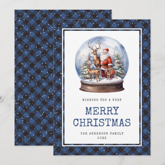 Sneeuw Wereldbol Santa Blue Plaid Vrolijke Kerst K Feestdagenkaart (Voorkant / Achterkant)