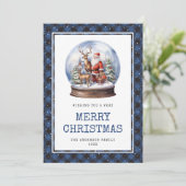 Sneeuw Wereldbol Santa Blue Plaid Vrolijke Kerst K Feestdagenkaart (Staand voorkant)