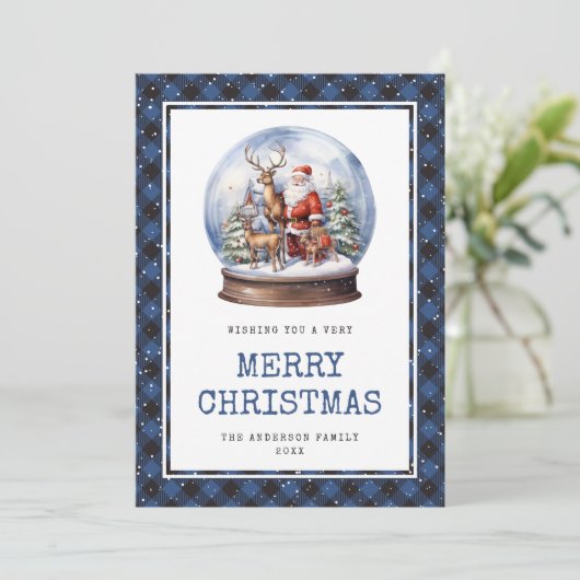 Sneeuw Wereldbol Santa Blue Plaid Vrolijke Kerst K Feestdagenkaart (Staand voorkant)