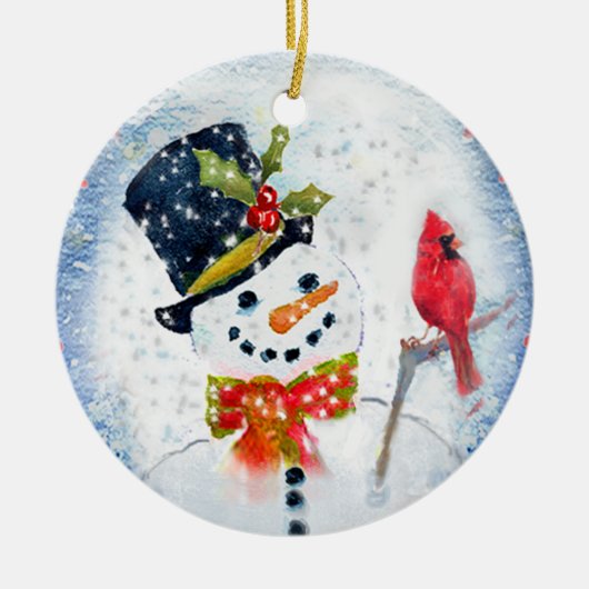 Sneeuw Wereldbol Snowman & Kardinaal Keramisch Ornament (Voorkant)