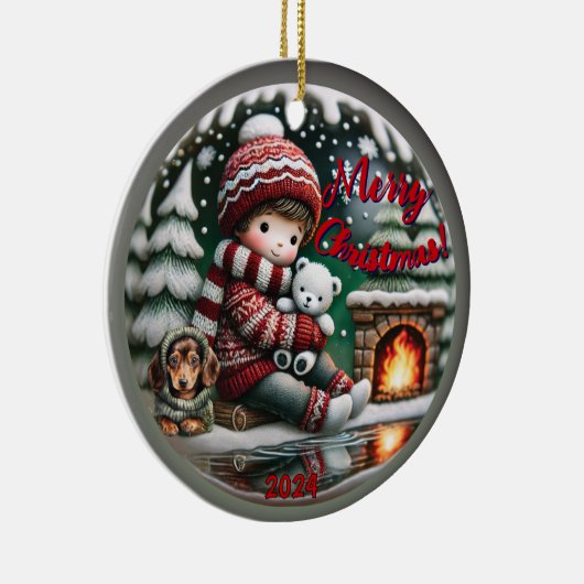 Sneeuw Wereldbol Vibe: Teckel open haard scene Keramisch Ornament (Rechts)