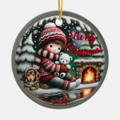 Sneeuw Wereldbol Vibe: Teckel open haard scene Keramisch Ornament (Voorkant)