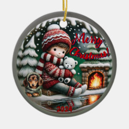 Sneeuw Wereldbol Vibe: Teckel open haard scene Keramisch Ornament