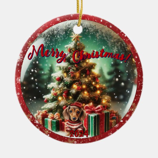 Sneeuw Wereldbol Vibe: Teckel Tree Scene Keramisch Ornament (Voorkant)