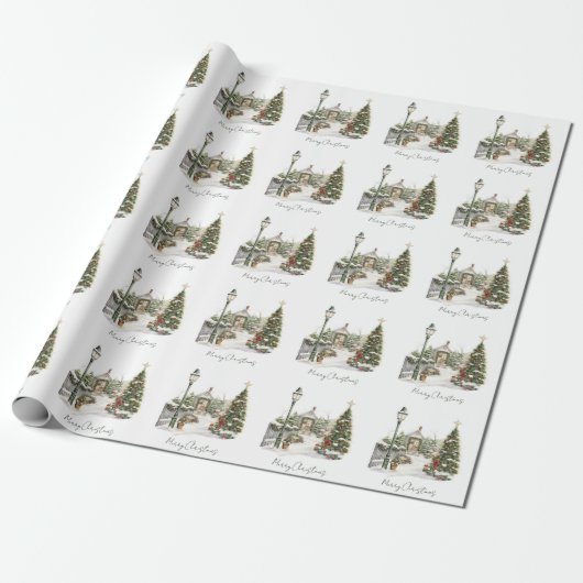 Sneeuw Winter Boerderij Waterverf Pine Kerstboom Cadeaupapier (Uitgerold)