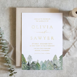 Sneeuw Winter Evergreen Forest QR Code Wedding Folie Uitnodiging