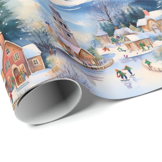 Sneeuw Winter New England Village Kerstvakantie Cadeaupapier (Rol Hoek)