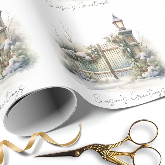 Sneeuw Winter Scene Pine Lamp Waterverf Kerst Cadeaupapier