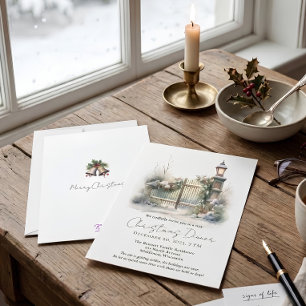 Sneeuw Winter Scene Pine Lamp Waterverf Kerst Kaart
