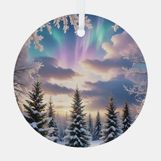 Sneeuw winterbos, ijskristallen, noorderlicht glas ornament (Achterkant)