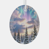 Sneeuw winterbos, ijskristallen, noorderlicht glas ornament (Voorkant Rechts)