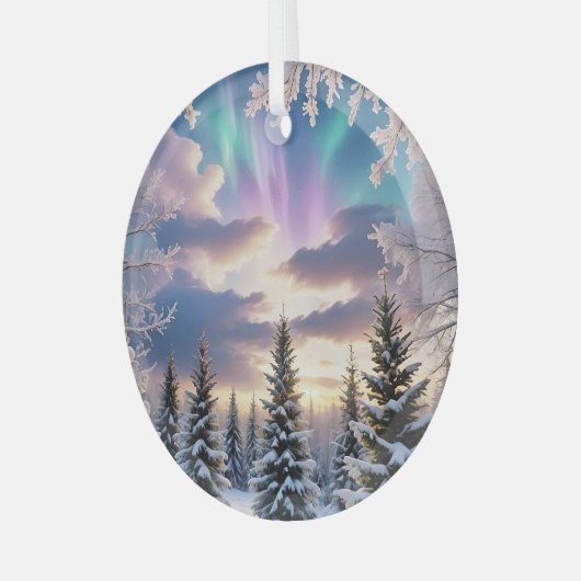 Sneeuw winterbos, ijskristallen, noorderlicht glas ornament (Voorkant links)
