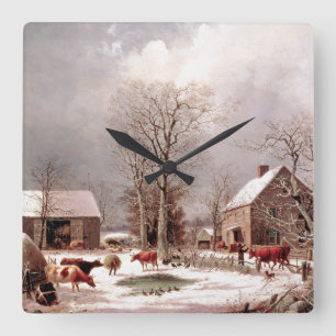 sneeuw Winterkoeien Boerderij Eenden kalkoenen wan Vierkante Klok