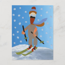 Sneeuw wit eend op skies winter vakantie briefkaart