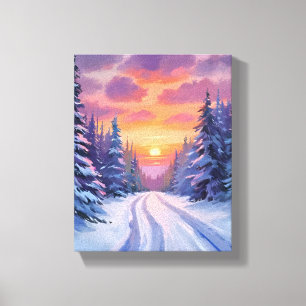 Sneeuw Zonsondergang   Winter Berglandschap Canvas Afdruk