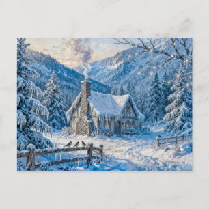 Sneeuwachtig berghuisje met rook en dennenbomen sc briefkaart