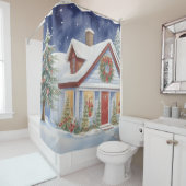 Sneeuwachtig Kersthuis Winter Schilderen Waterverf Douchegordijn (In situ)