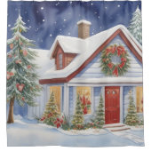 Sneeuwachtig Kersthuis Winter Schilderen Waterverf Douchegordijn (Voorkant)